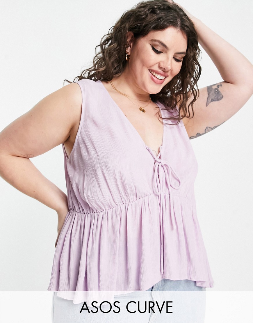 ASOS DESIGN Curve crinkle cami with lace up front and peplum hem in lilac