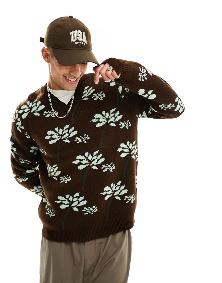 ASOS DESIGN knit sweater in brown with floral pattern
