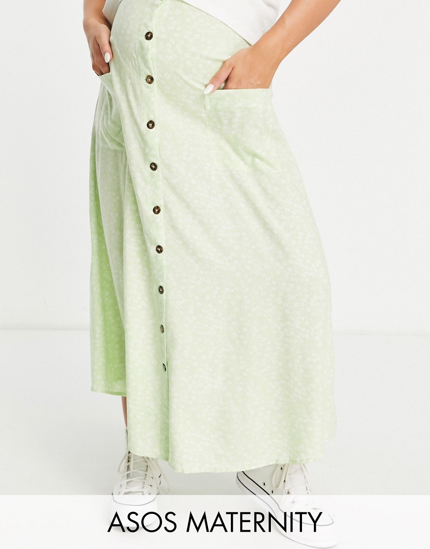 ASOS Maternity ASOS DESIGN Maternity button through pocket midi skirt in sage green ditsy floral