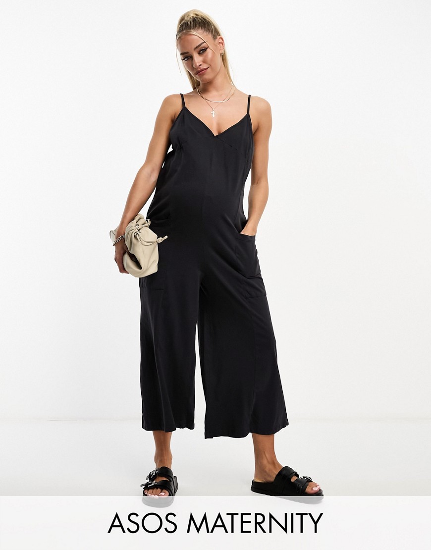 ASOS Maternity ASOS DESIGN Maternity strappy jersey jumpsuit in charcoal