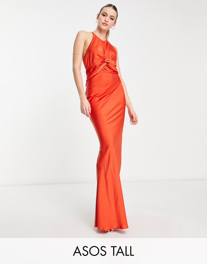 ASOS Tall ASOS DESIGN Tall knot front satin maxi dress with tie back detail in orange