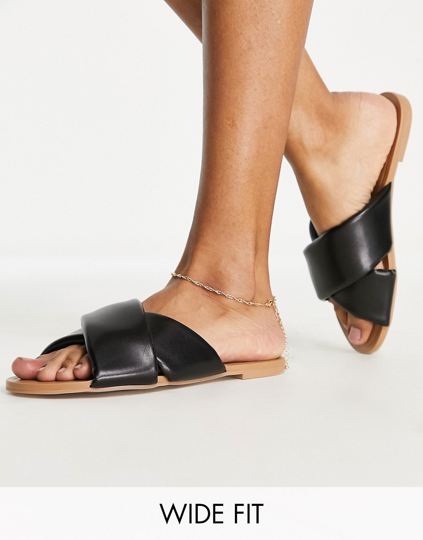 ASOS DESIGN Wide Fit Flock padded flat sandals in black - BLACK