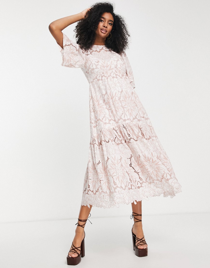 ASOS EDITION floral broderie tiered midi dress with contrast stitch in blush