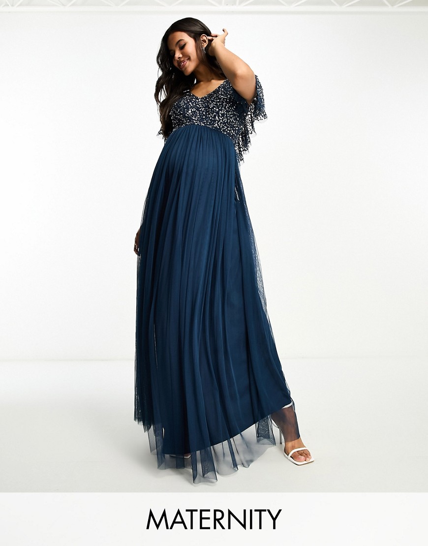 Beauut Maternity Bridesmaid embellished maxi dress with flutter detail in navy