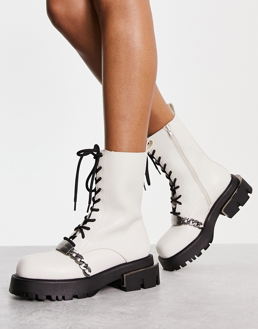Charles & Keith Charles and Keith chunky lace up boots with silver chain in off white