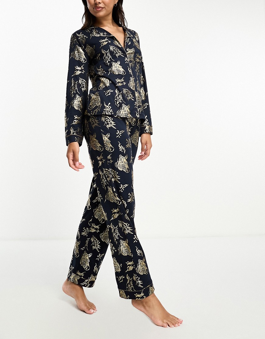 Chelsea Peers Exclusive Christmas jersey gold foil zebra print camp collar top and pants pajama set in navy
