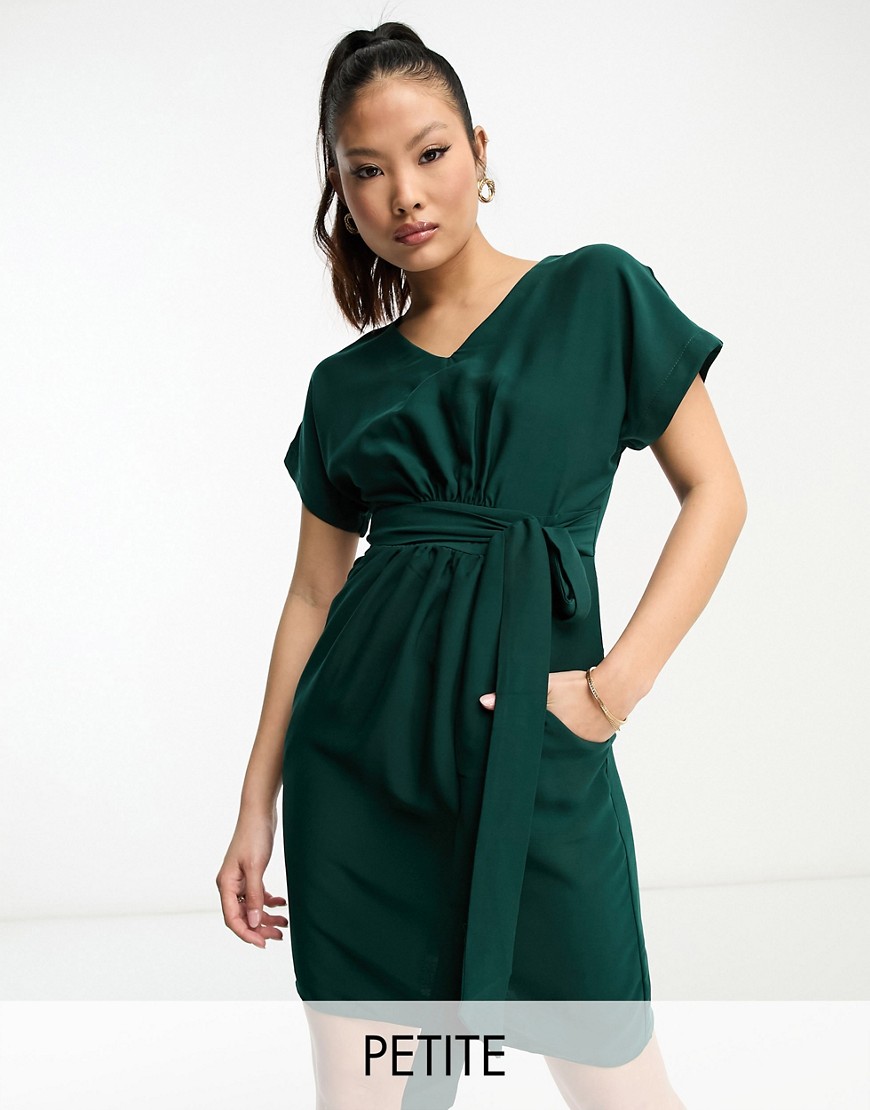 Closet London Petite belted tulip mini dress in emerald