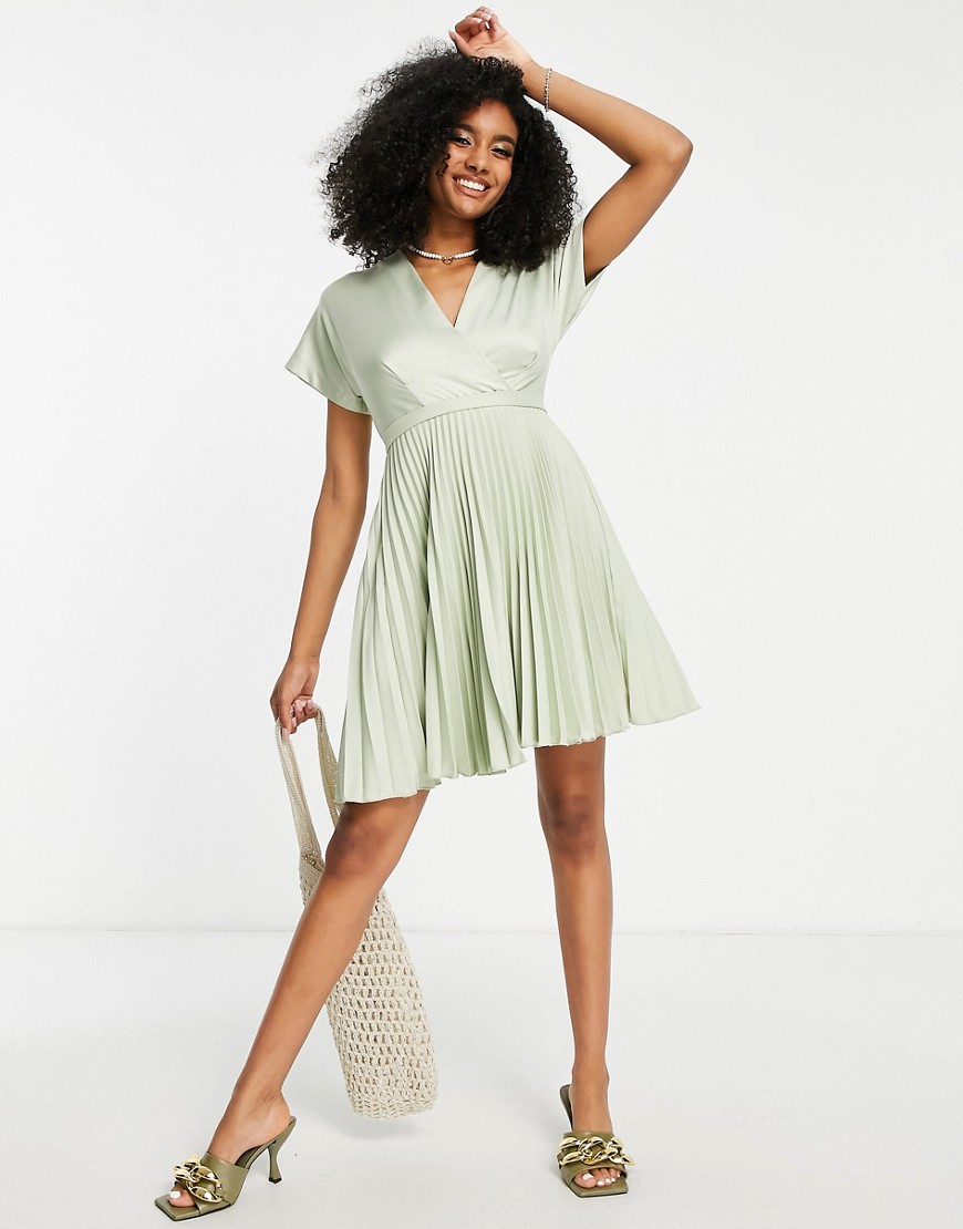 Closet London wrap front pleated midi skater dress in sage