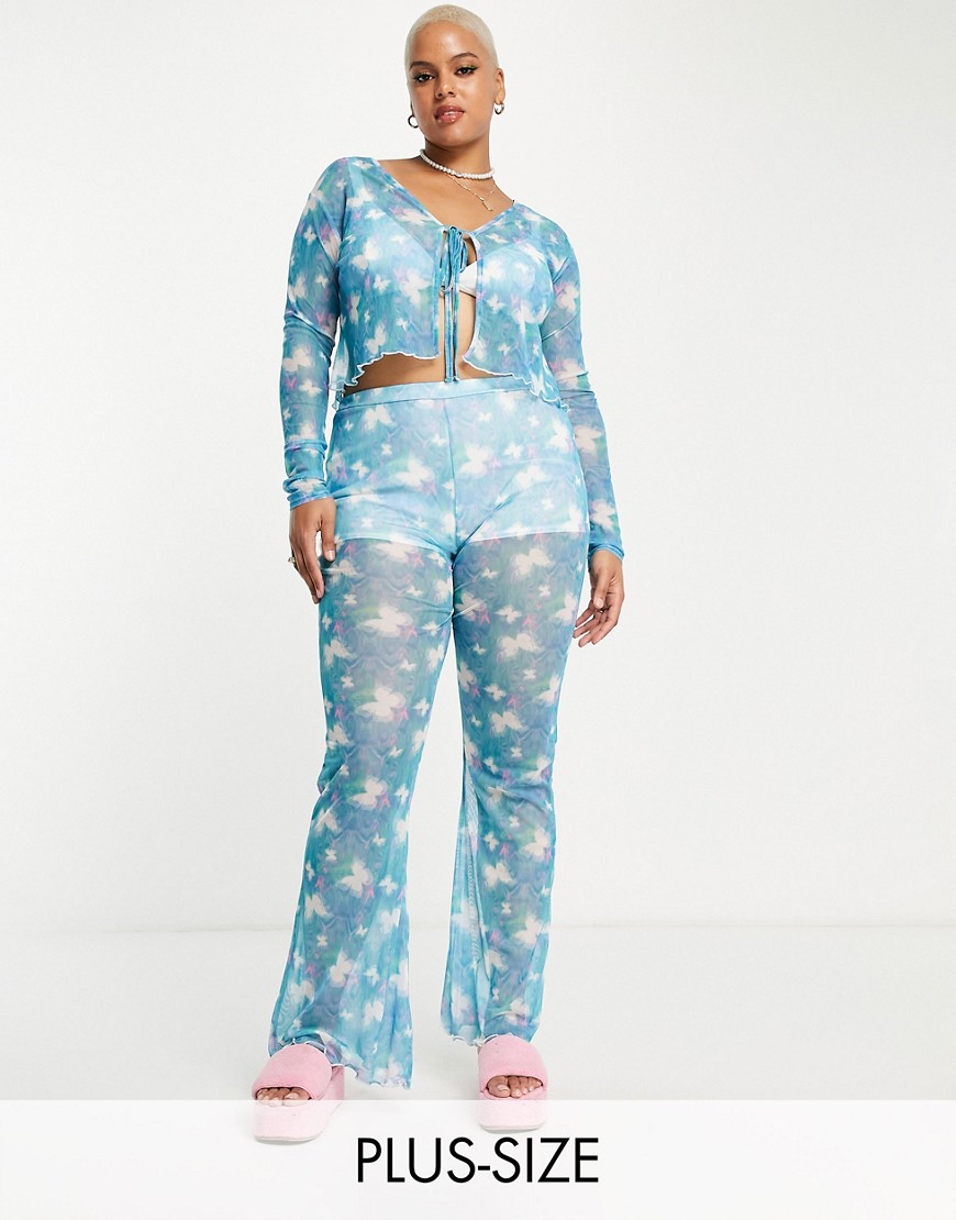 Daisy Street Plus high waisted lettuce hem flare pants in butterfly mesh - part of a set