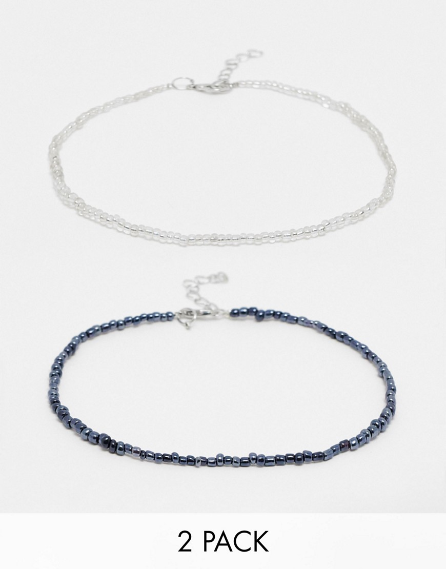 DesignB London pack of 2 beaded anklets in gray and silver