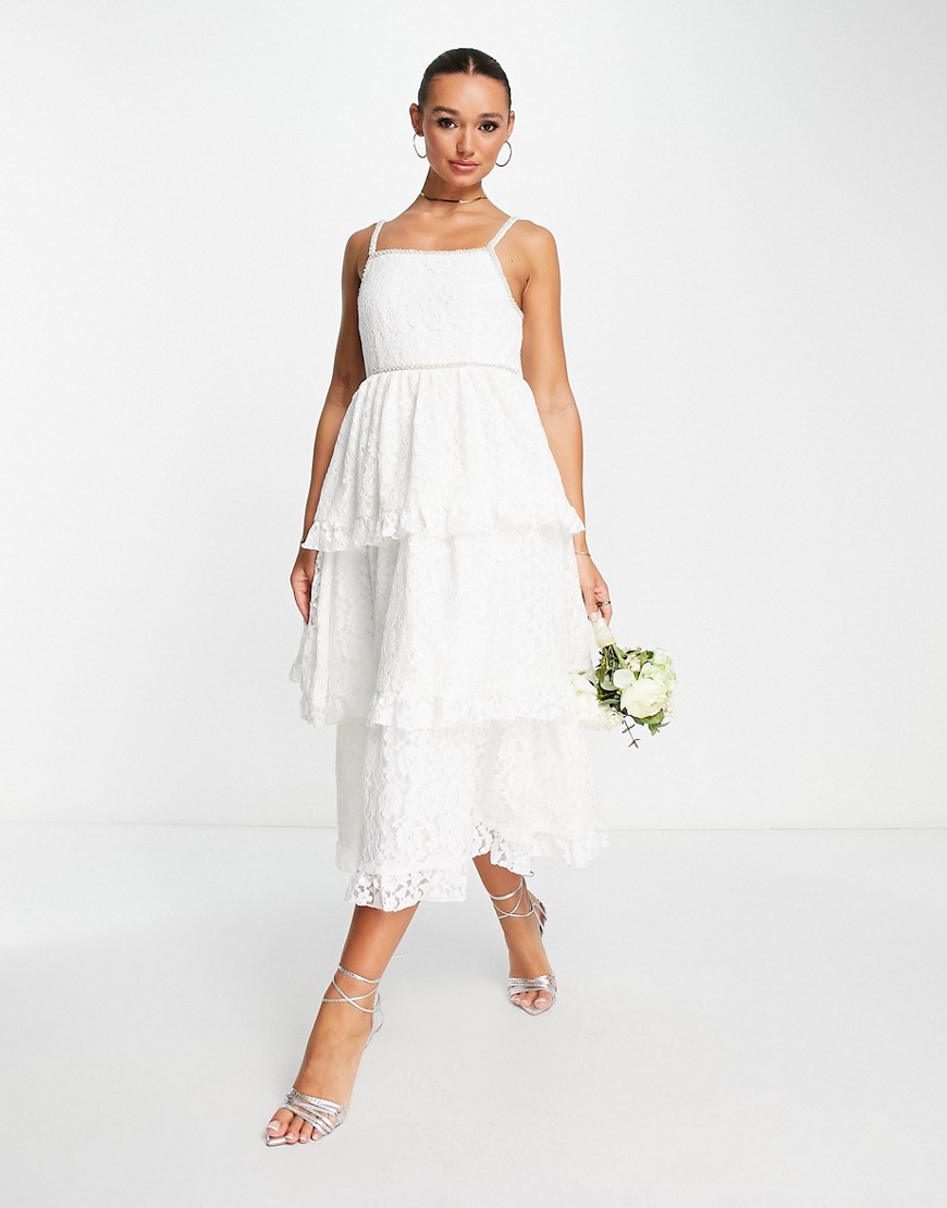 Dream Sister Jane Bridal tiered midi dress in lace with pearl details