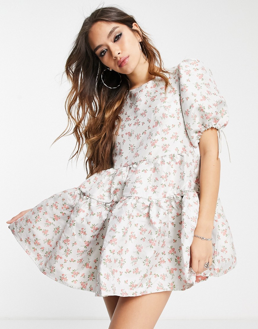 Dream Sister Jane puff sleeve mini dress with open back in delicate rose jacquard