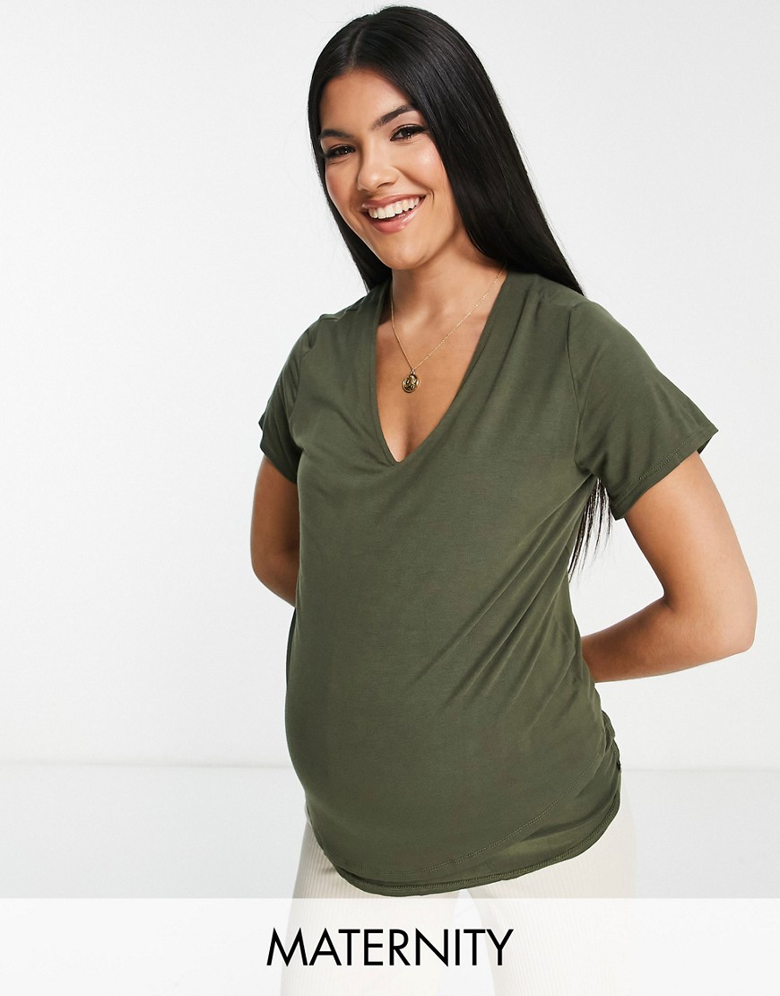 Flounce London Maternity fitted Stretch T-shirt in khaki