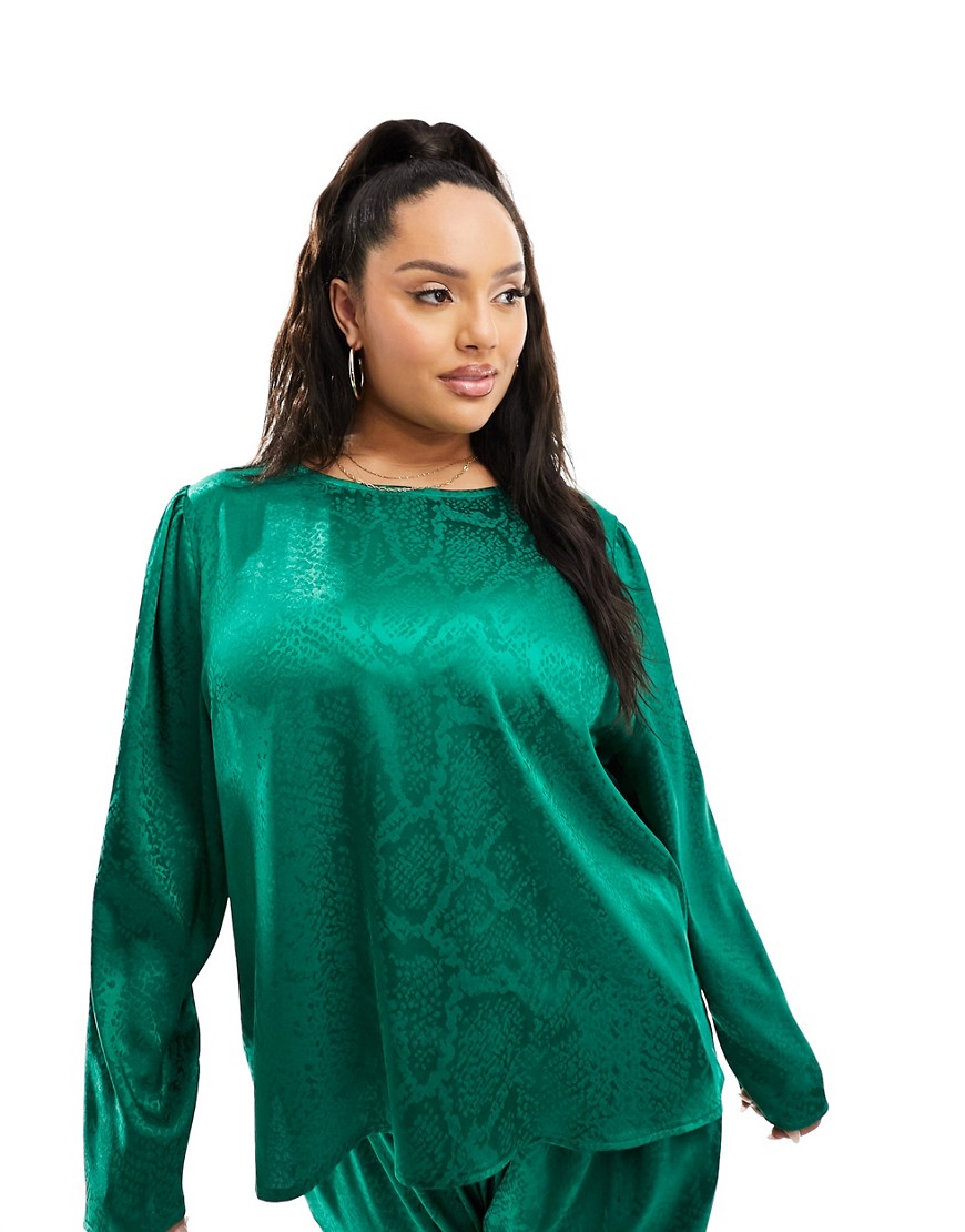 Flounce London Plus satin oversized top in emerald green - part of a set