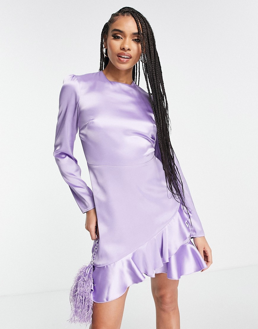 Flounce London satin long sleeve wrap mini dress in lilac