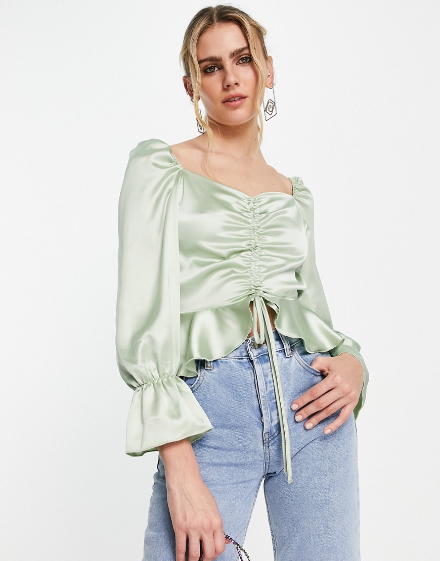 Flounce London satin ruched front blouse in dusty sage