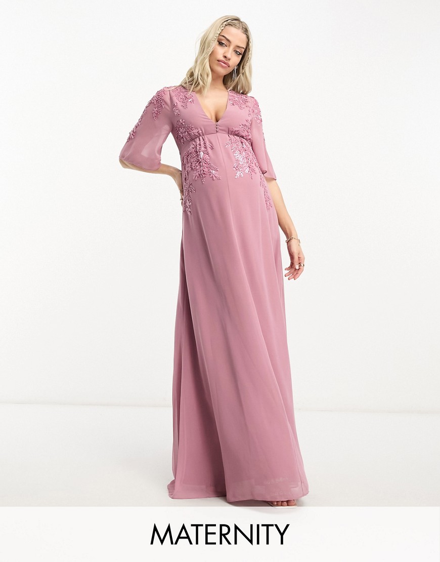 Hope & Ivy Maternity plunge front embellished maxi dress in mauve
