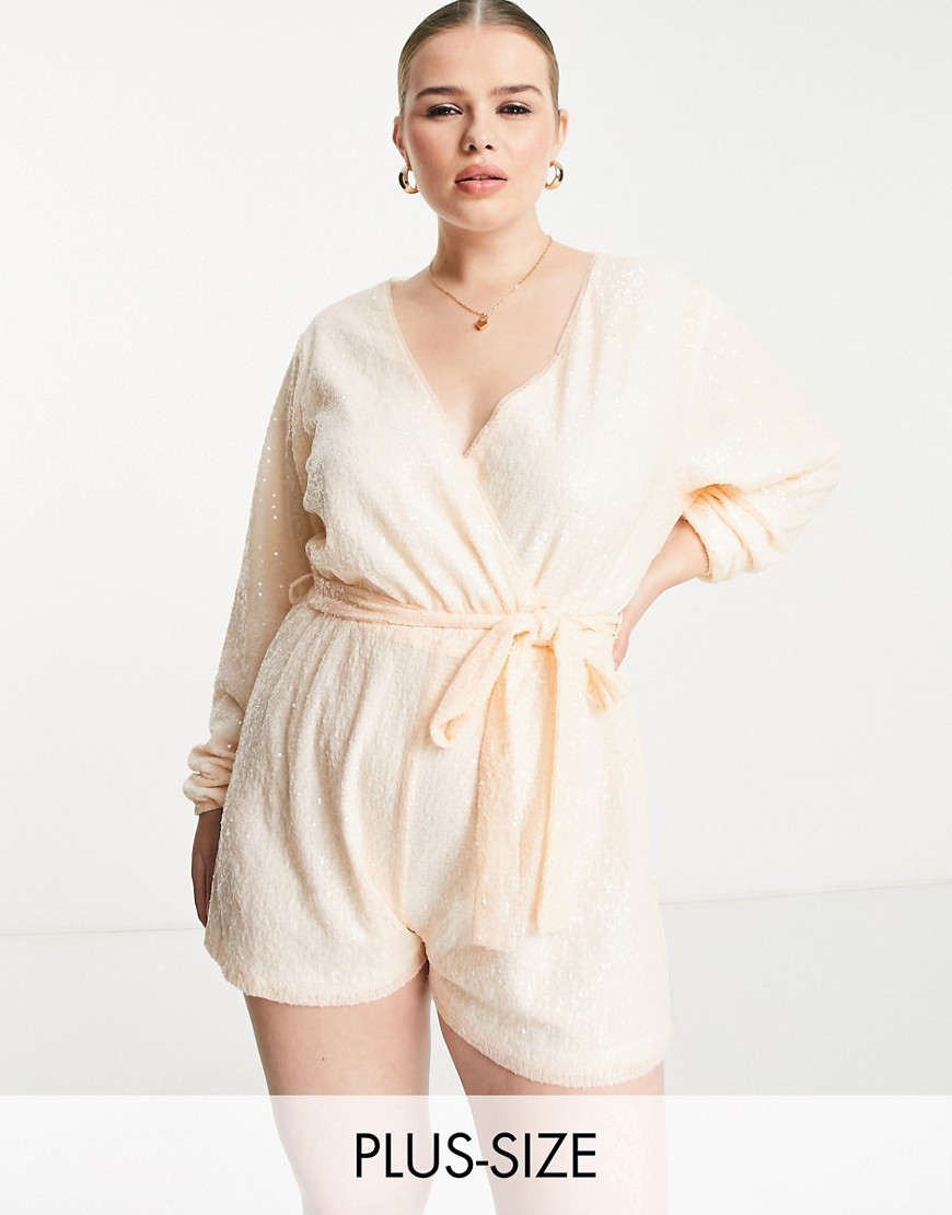 In The Style Plus exclusive sequin wrap detail belted romper in ecru