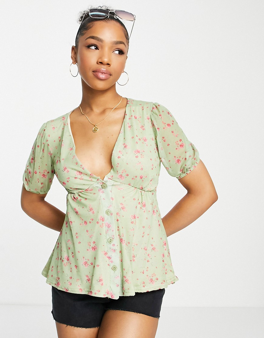 In The Style x Perrie Sian puff sleeve button front blouse in lime floral print