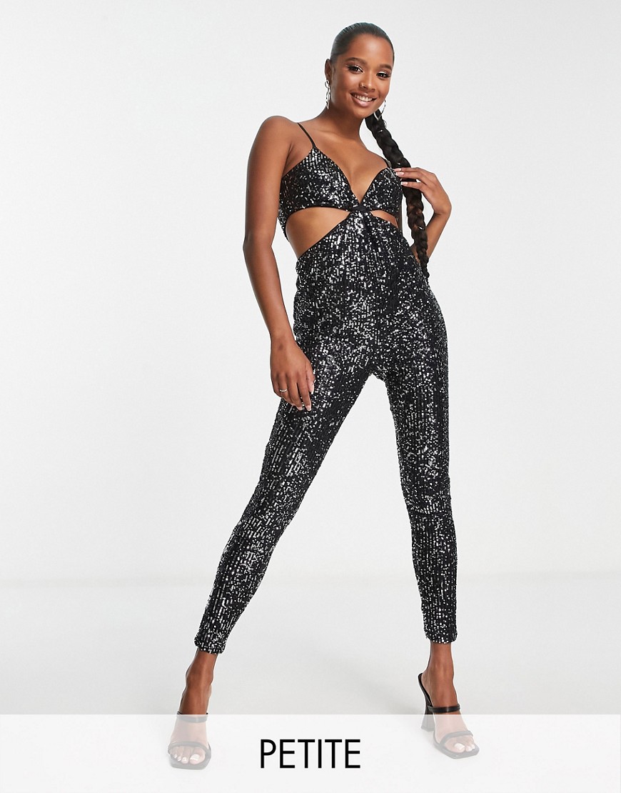 Jaded Rose Petite cami jumpsuit with cut out in black sequin