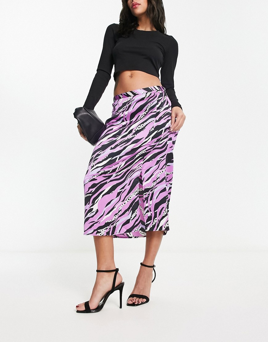 JDY exclusive side split satin midi skirt in purple animal print