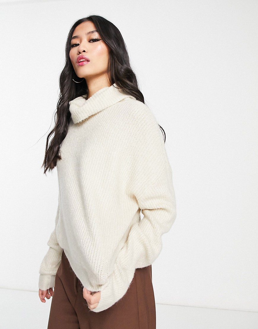 JDY soft ribbed roll neck knitted sweater in cream