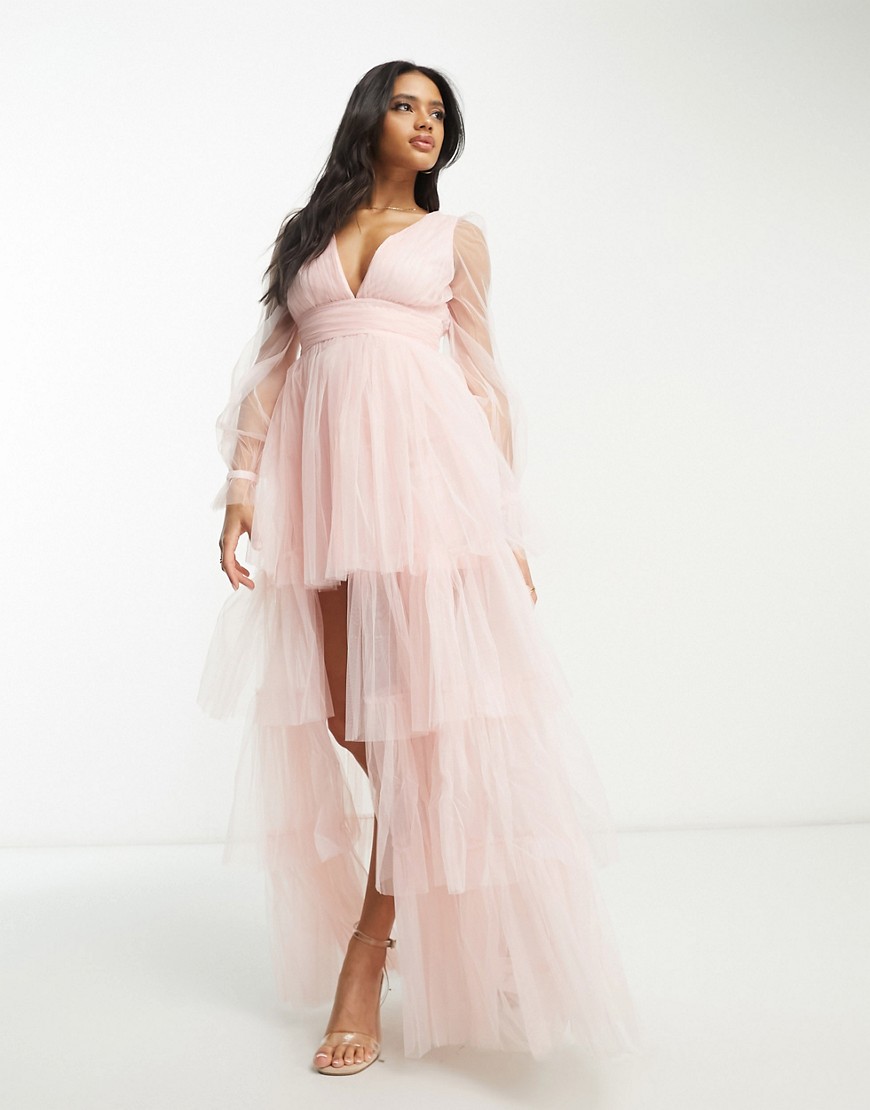 Lace & Beads exclusive sheer sleeve tiered high low maxi dress in blush