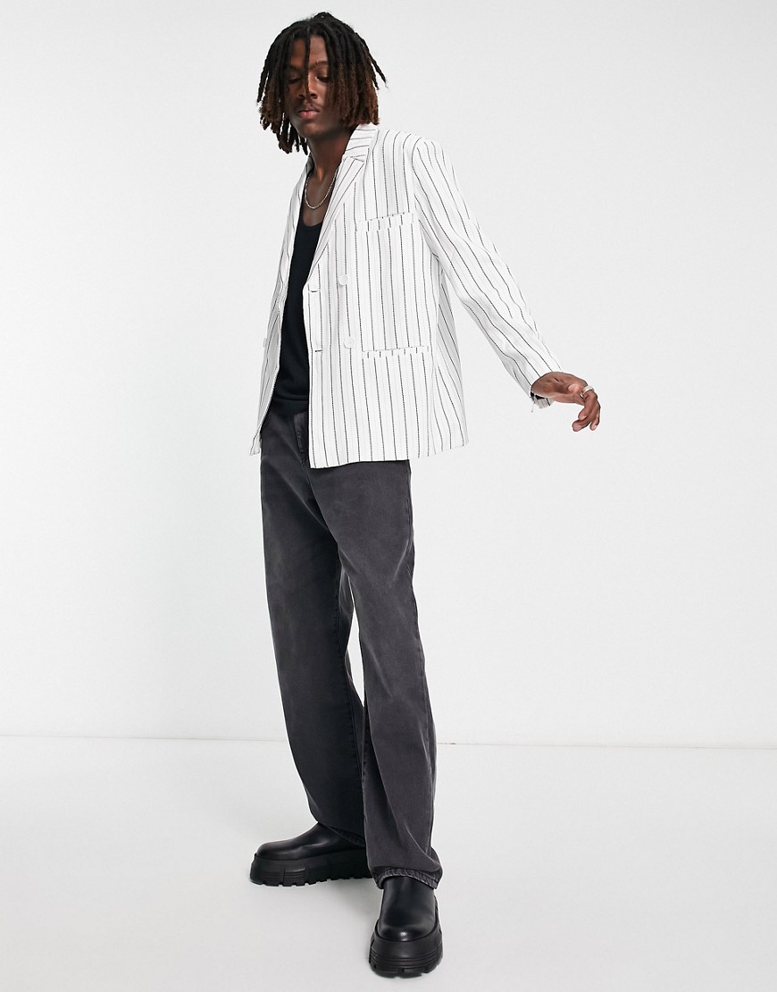 Liquor N Poker oversized suit jacket in off white with vertical pinstripe