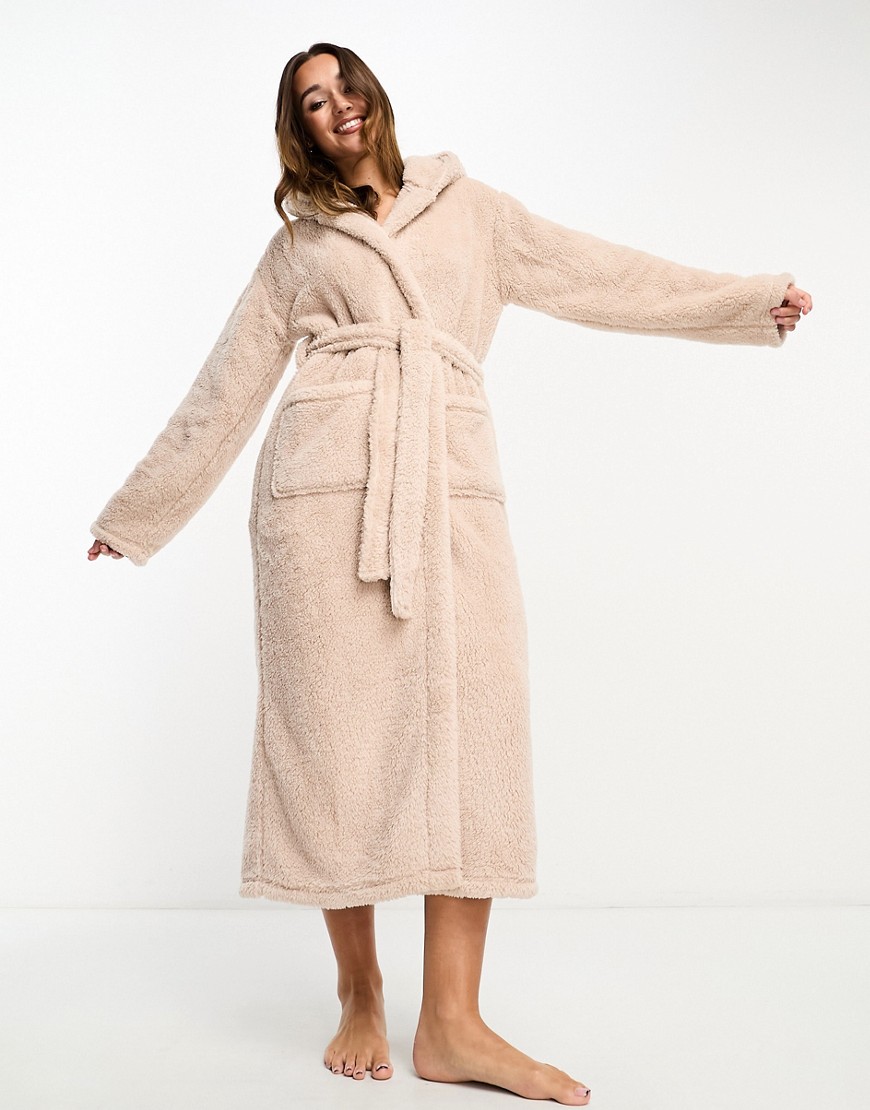 Loungeable cozy sherpa hooded maxi dressig gown in mink
