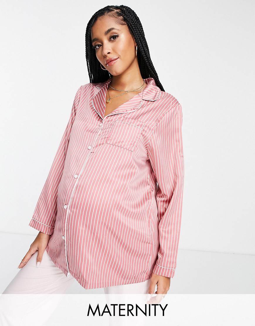 Loungeable Maternity satin pajama shirt in dark pink and cream pinstripe - part of a set