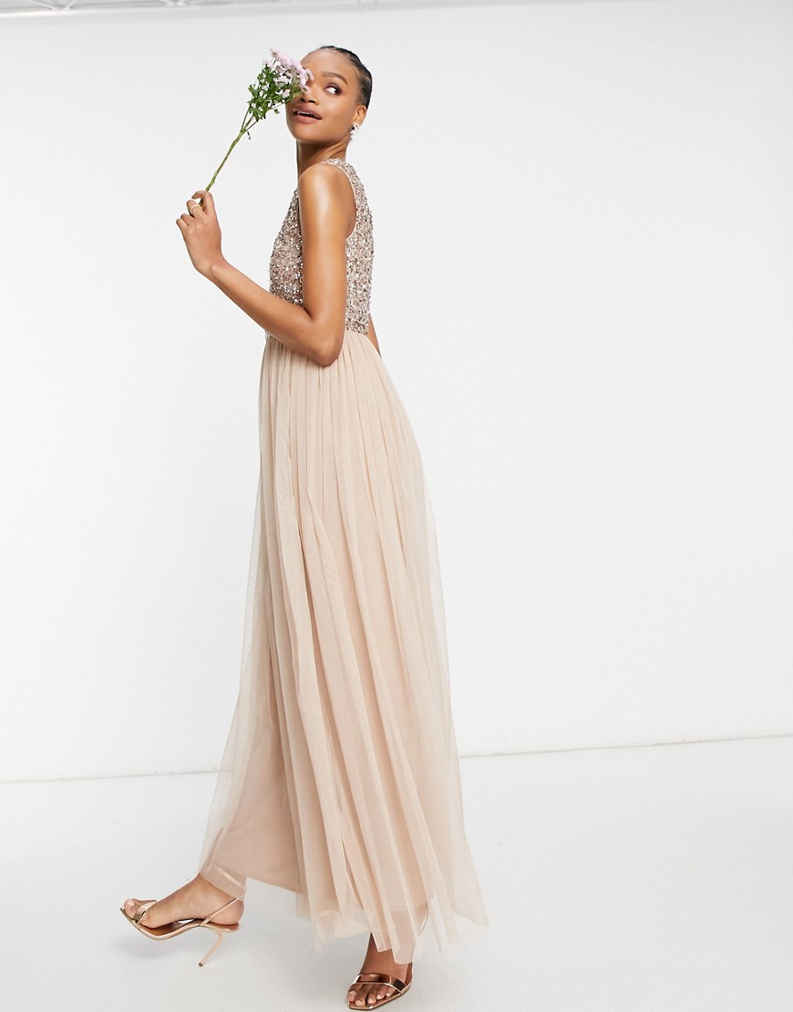 Maya Bridesmaid 2 in 1 maxi tulle dress with tonal delicate sequins in taupe blush