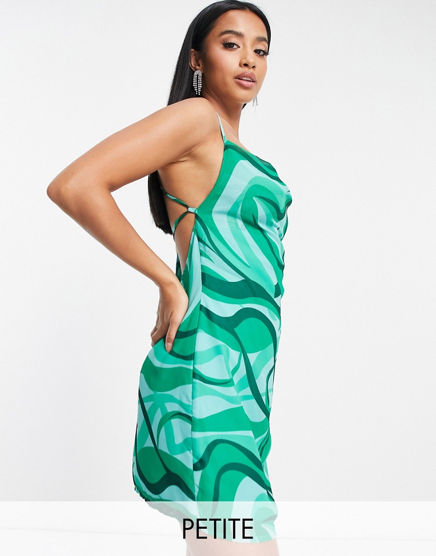Missguided Petite mini dress with cowl neck in green swirl print