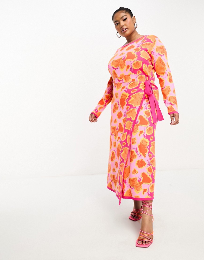 Never Fully Dressed Plus knit wrap midi dress in pink and orange leopard