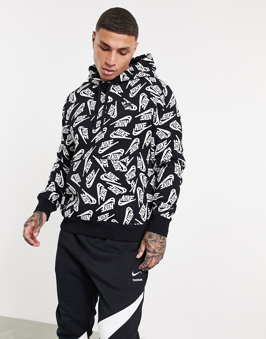 Nike Sport Essentials all over logo print fleece hoodie in black