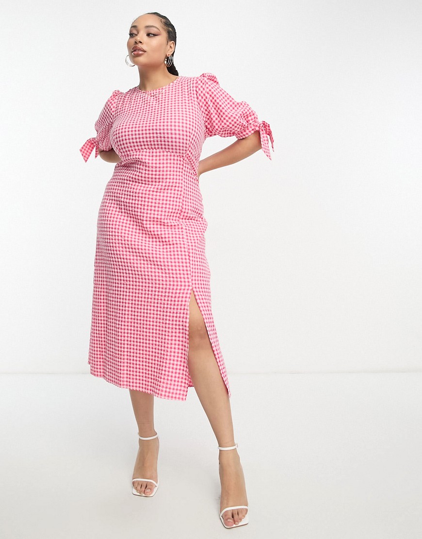 Nobodys Child Plus Esme tie sleeve midi dress in pink and red gingham