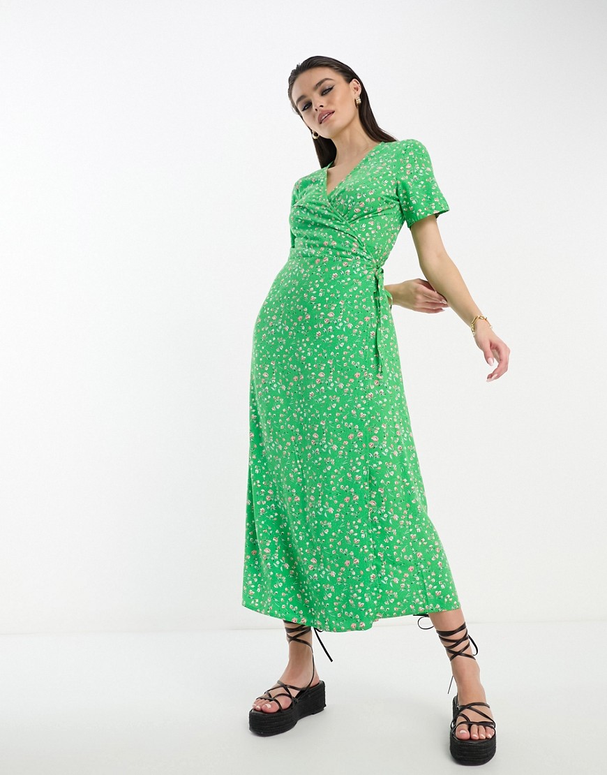 Object ditsy floral wrap midi dress in green