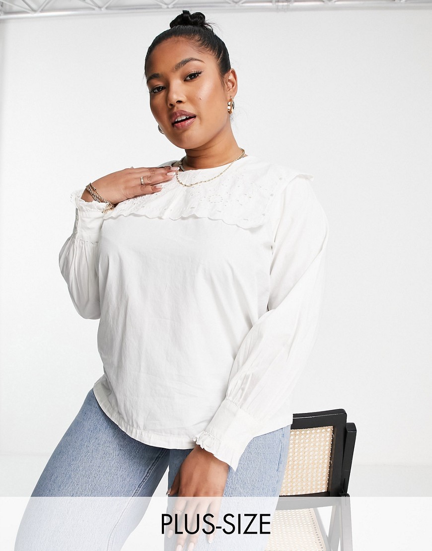 ONLY Curve Only Cuve oversized eyelet collar blouse in white