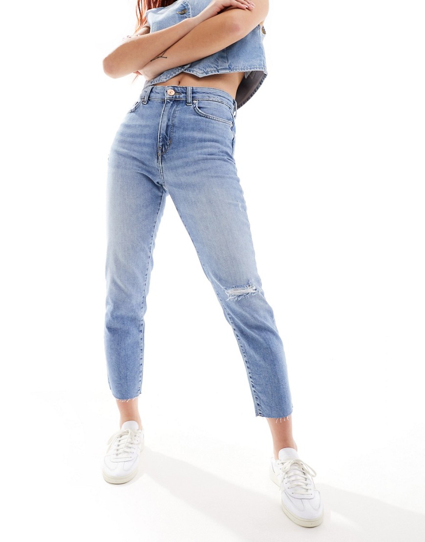 Only Emily high waist straight leg distressed jeans in light blue