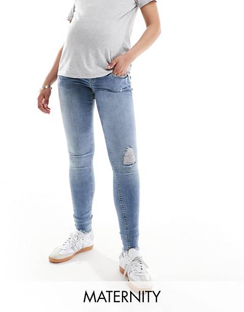 ONLY Maternity Blush skinny jeans with frayed hem in mid blue