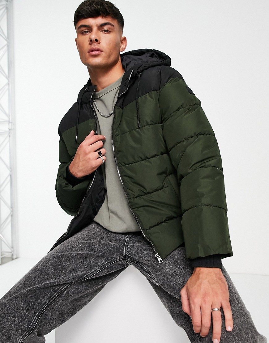 Only & Sons heavy weight hooded puffer jacket in black and khaki