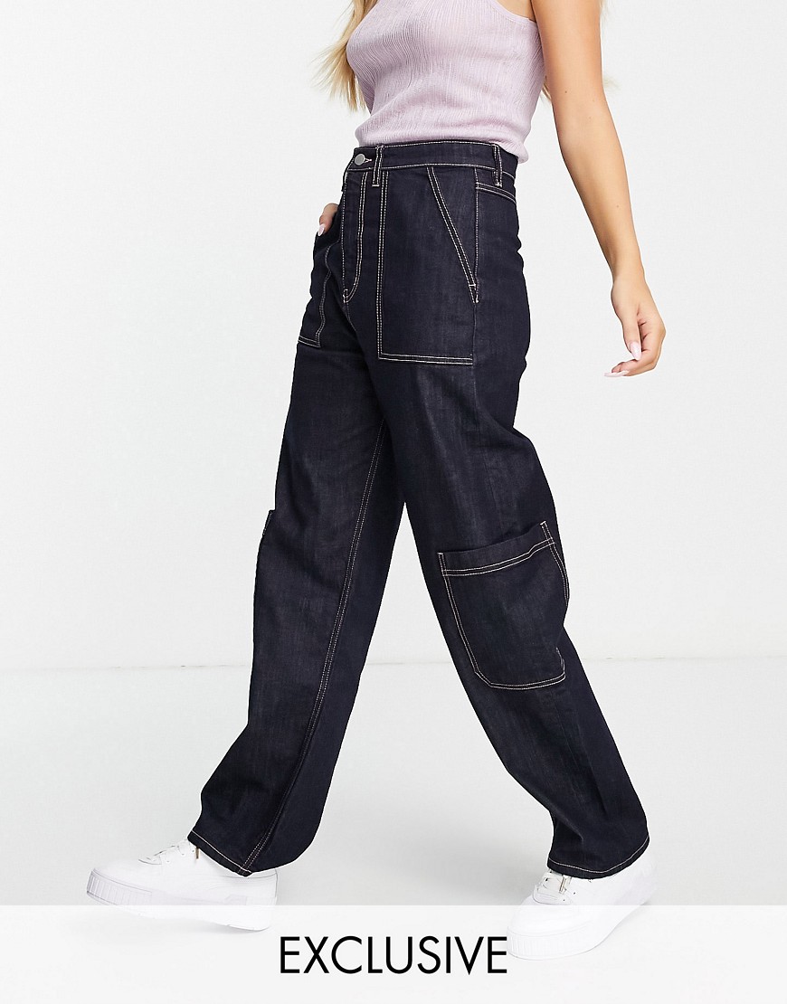 People Tree cotton cargo jeans with pink contrast stitch
