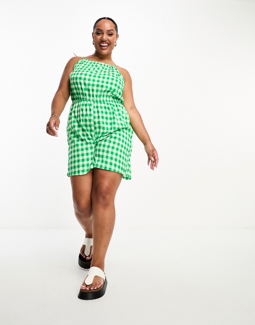 Pieces Plus Pieces Curve exclusive tie sleeve romper in green gingham