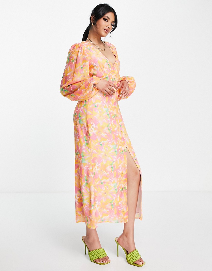 Pretty Lavish balloon sleeve midaxi dress in pink and orange abstract floral