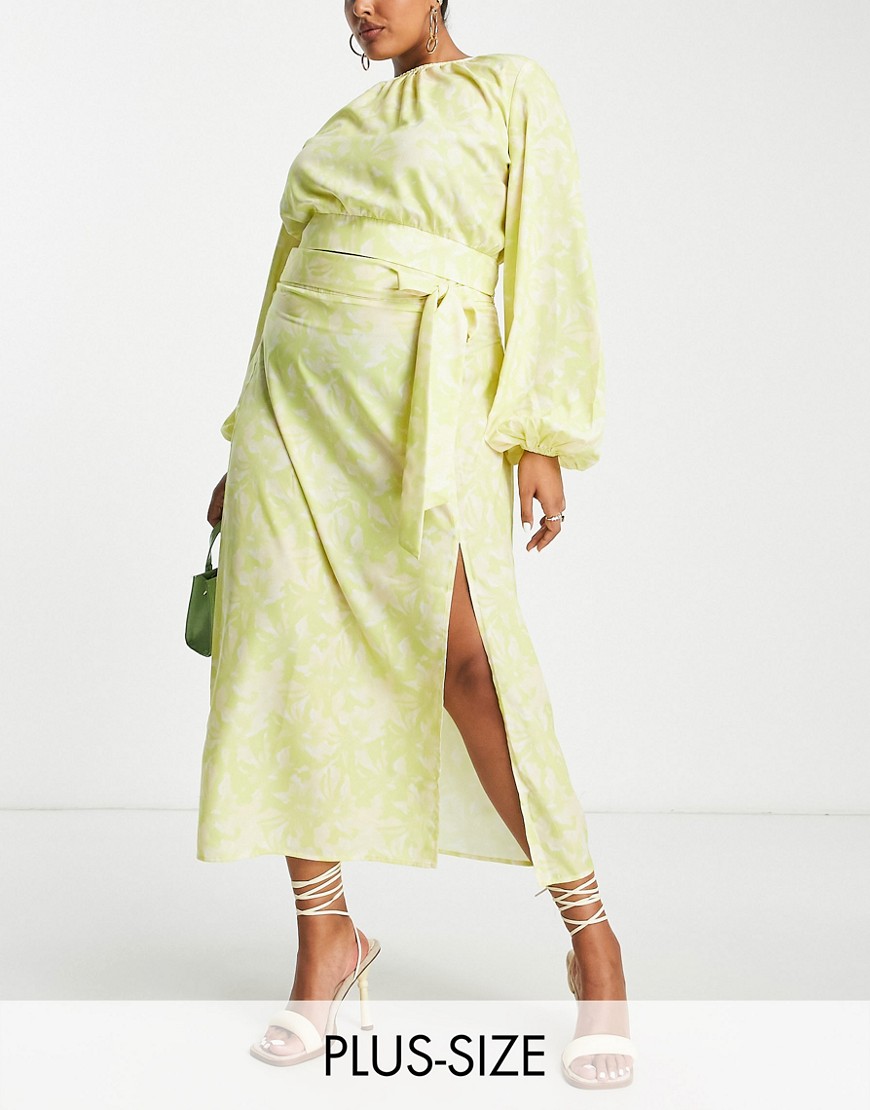 Pretty Lavish Curve tie midaxi skirt in chartreuse floral - part of a set