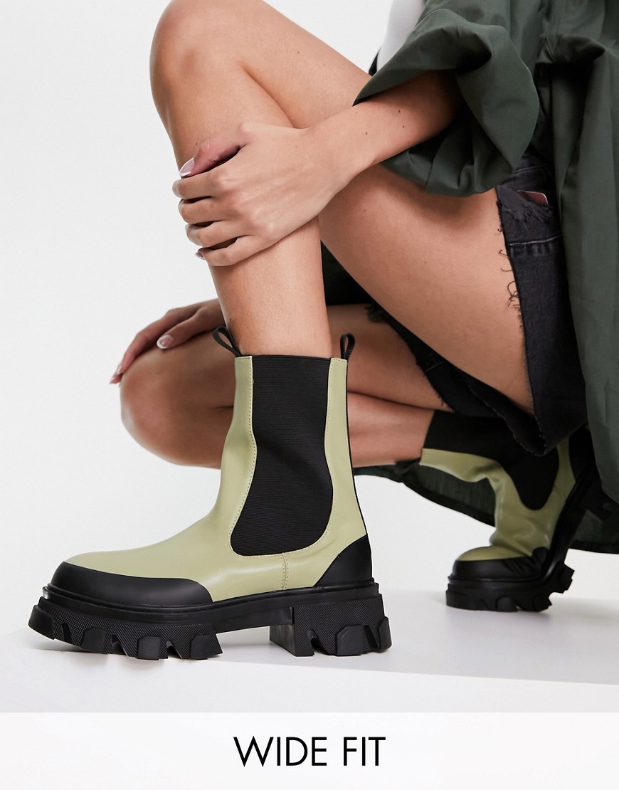 Public Desire Wide Fit Wonder chunky flat boots in green