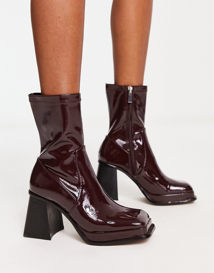 Shellys London Jupiter sock boots in chocolate high shine patent