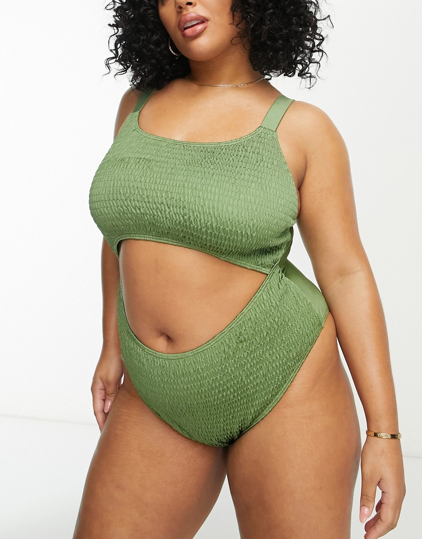 South Beach Curve Exclusive cut out crinkle swimsuit in khaki