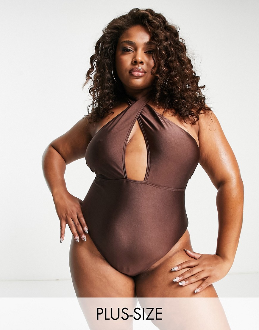 South Beach Curve Exclusive cut-out halter swimsuit in brown