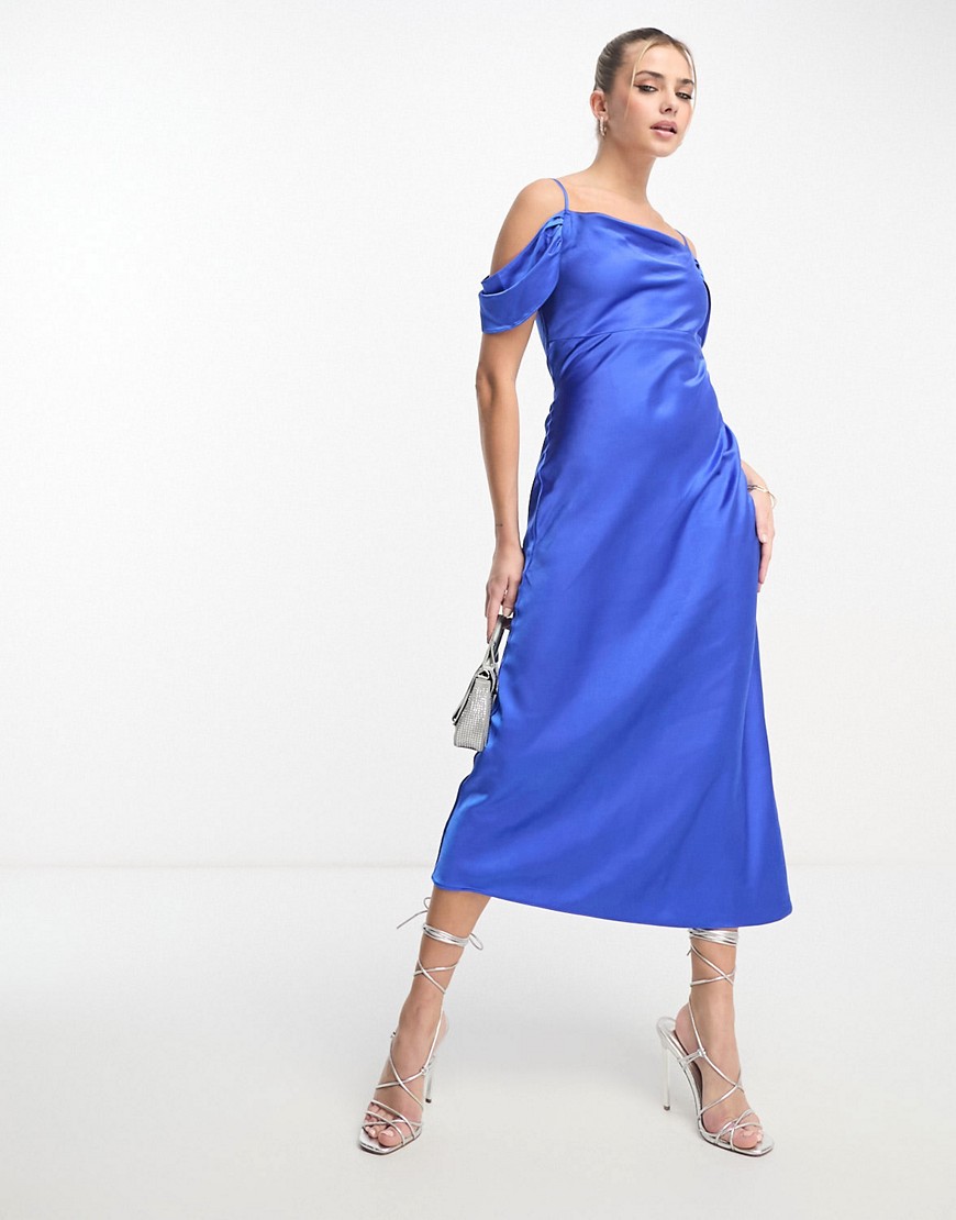 Style Cheat cold shoulder satin midaxi dress in cobalt