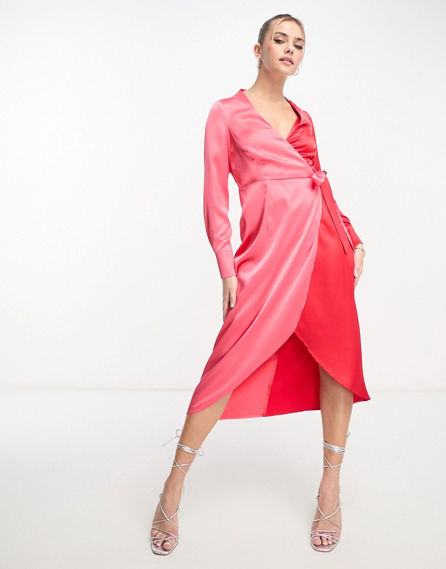 Style Cheat color block wrap midaxi dress in red and pink